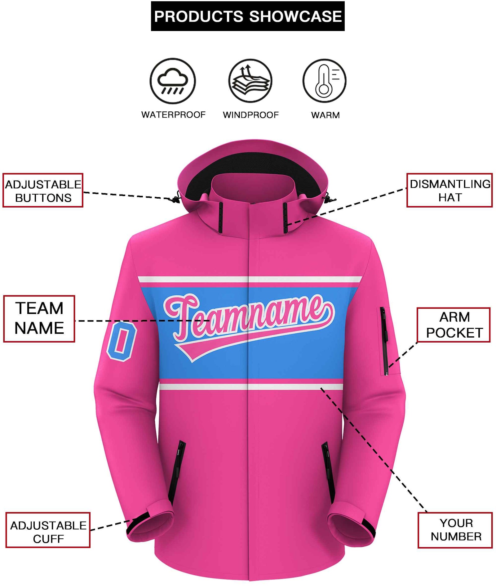 Custom Pink White-Powder Blue Color Block Personalized Outdoor Hooded Waterproof Jacket