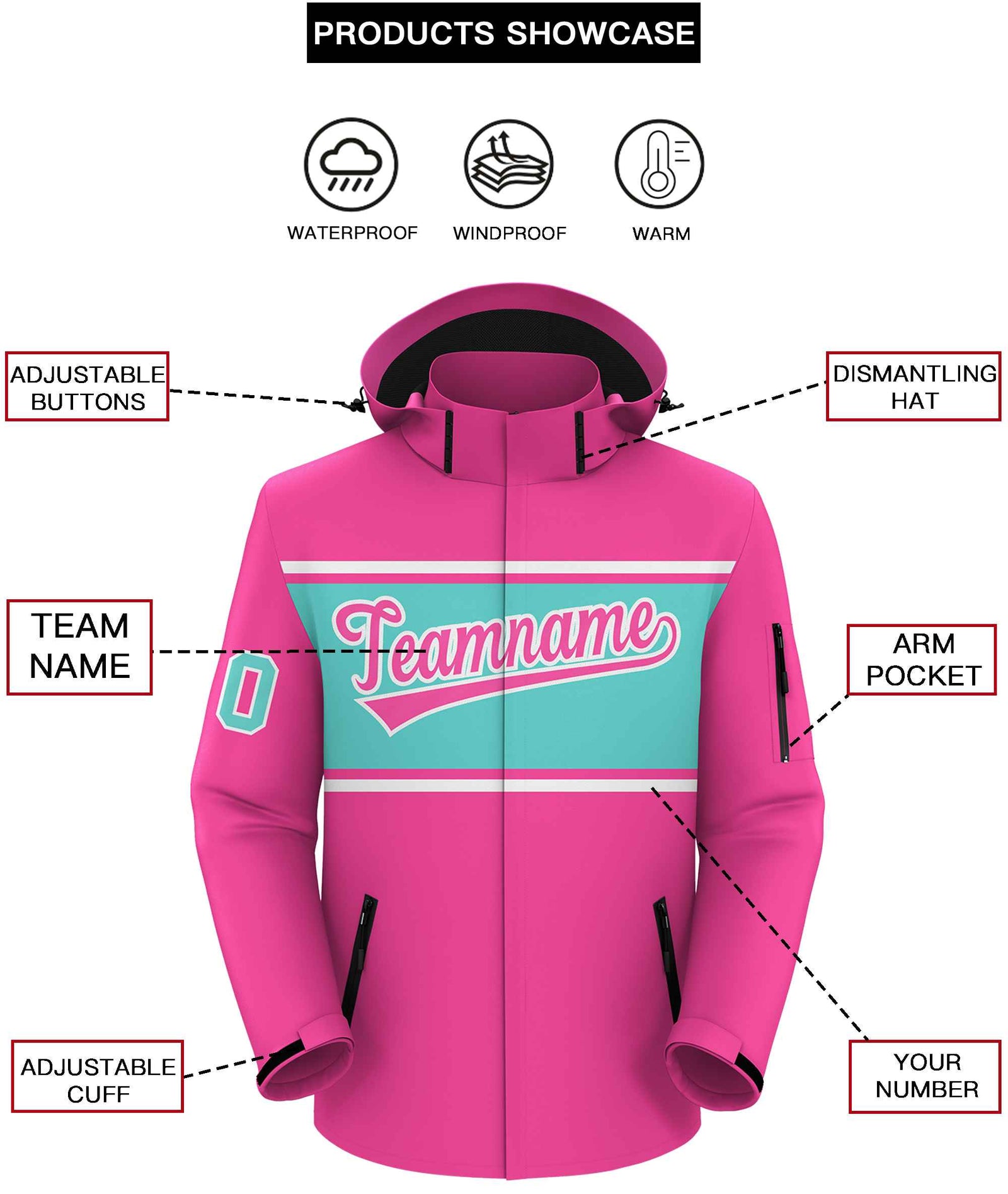 Custom Pink White-Aqua Color Block Personalized Outdoor Hooded Waterproof Jacket