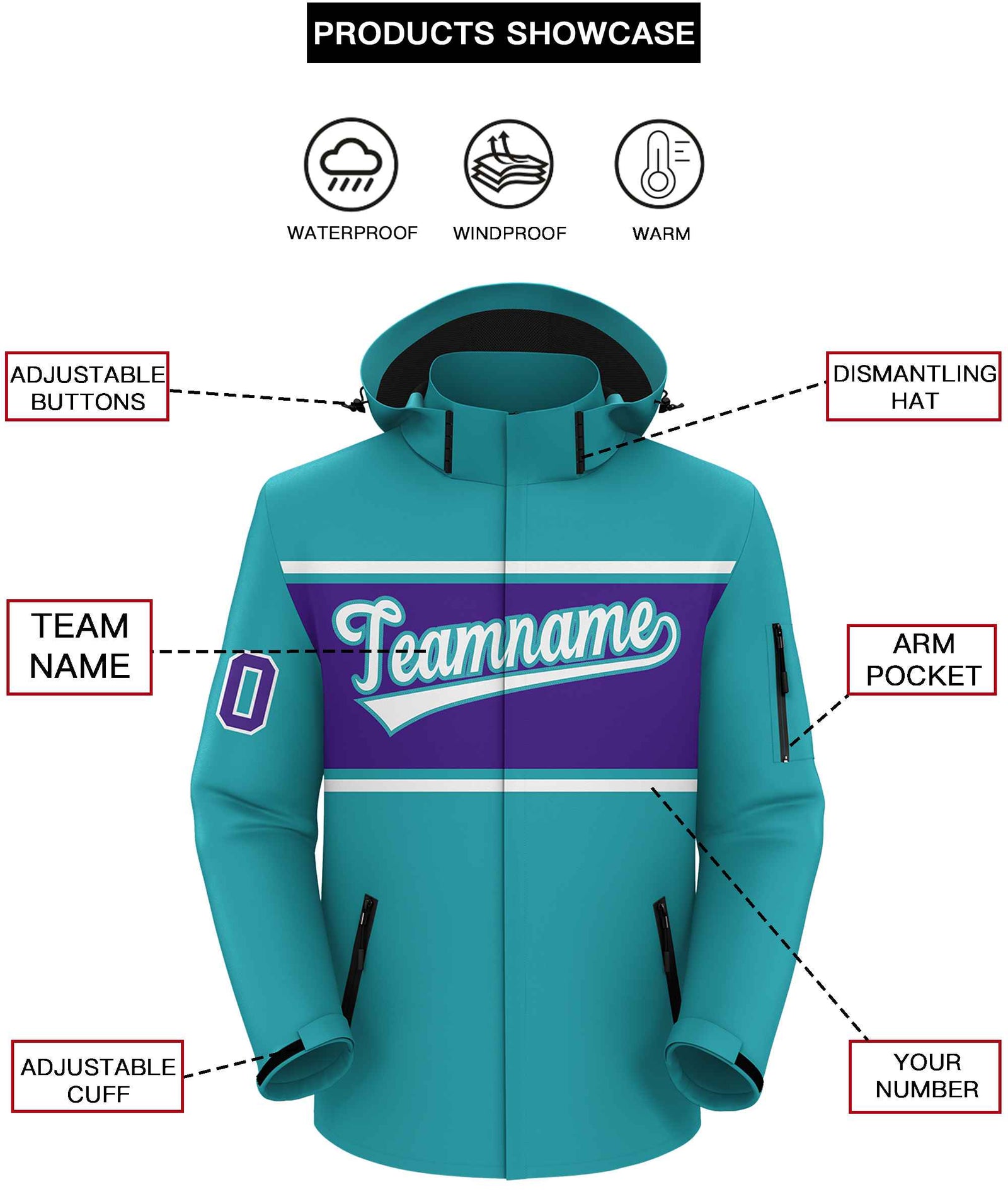 Custom Aqua White-Purple Color Block Personalized Outdoor Hooded Waterproof Jacket