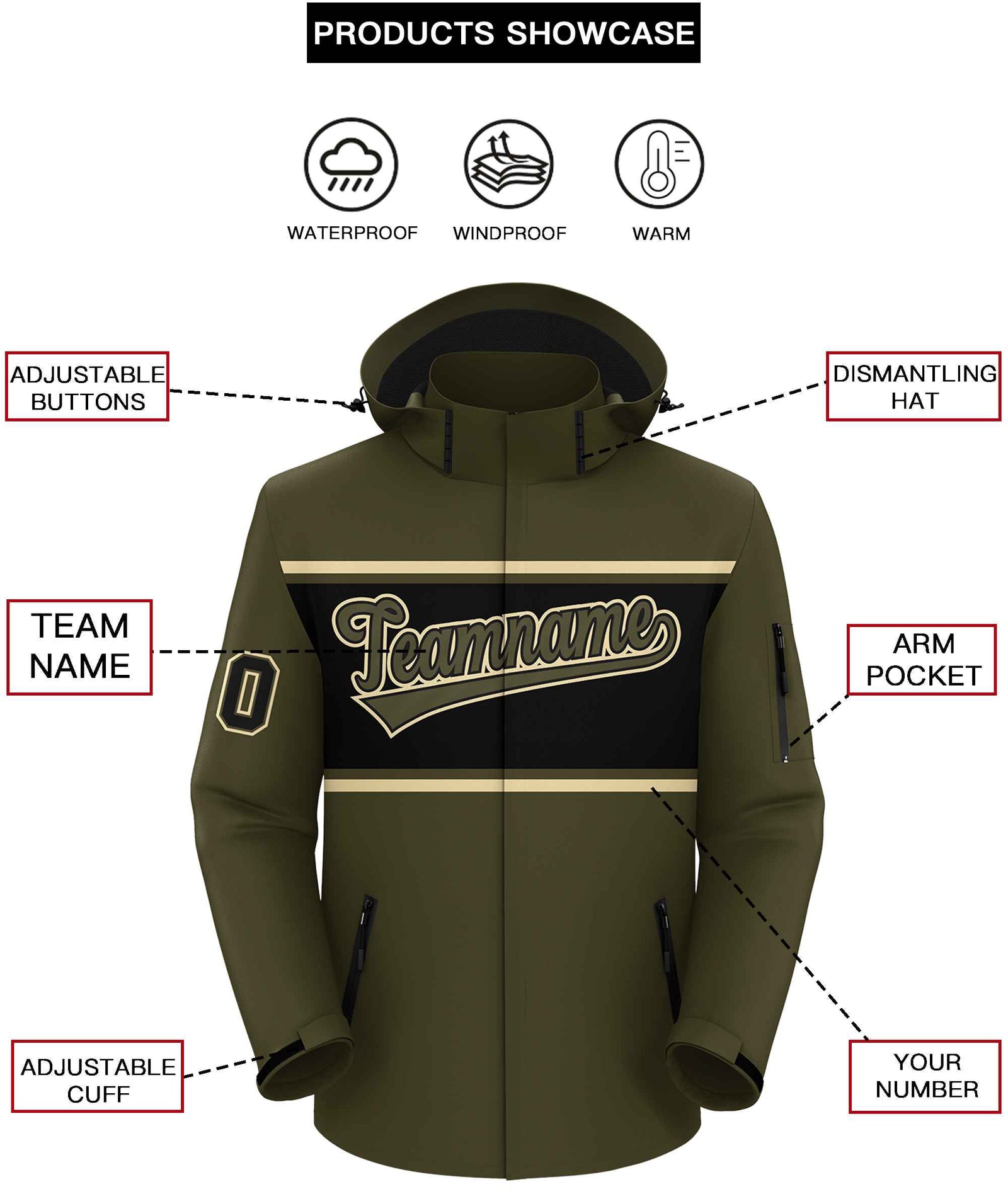 Custom Olive Khaki-Black Color Block Personalized Outdoor Hooded Waterproof Jacket
