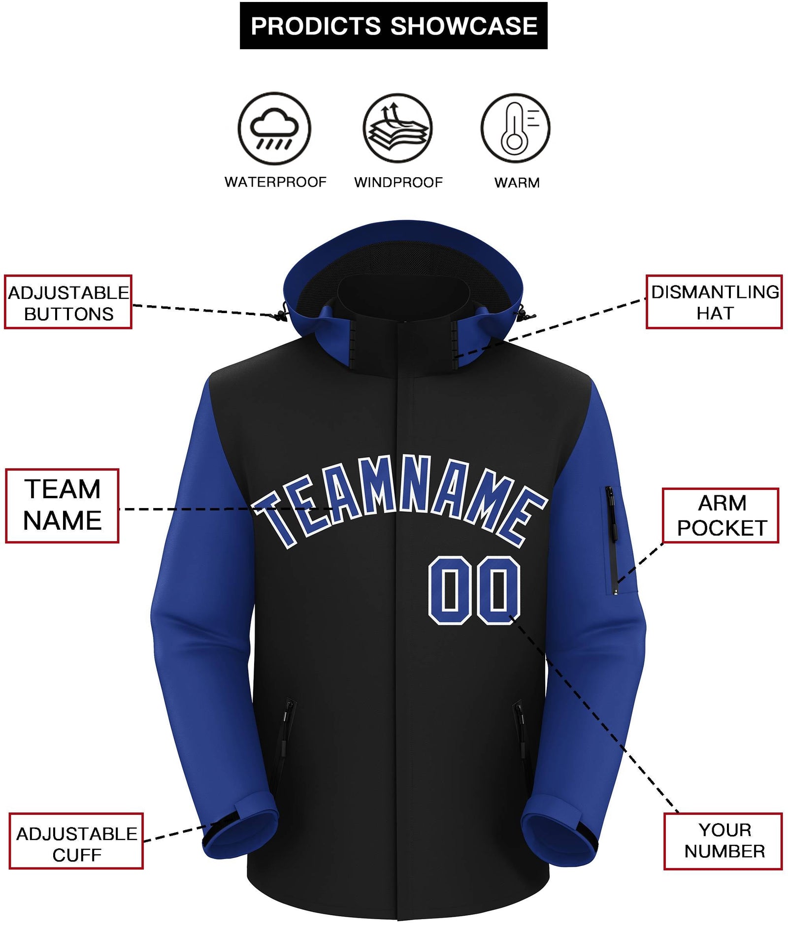 Custom Black Royal-White Raglan Sleeves Waterproof Jacket