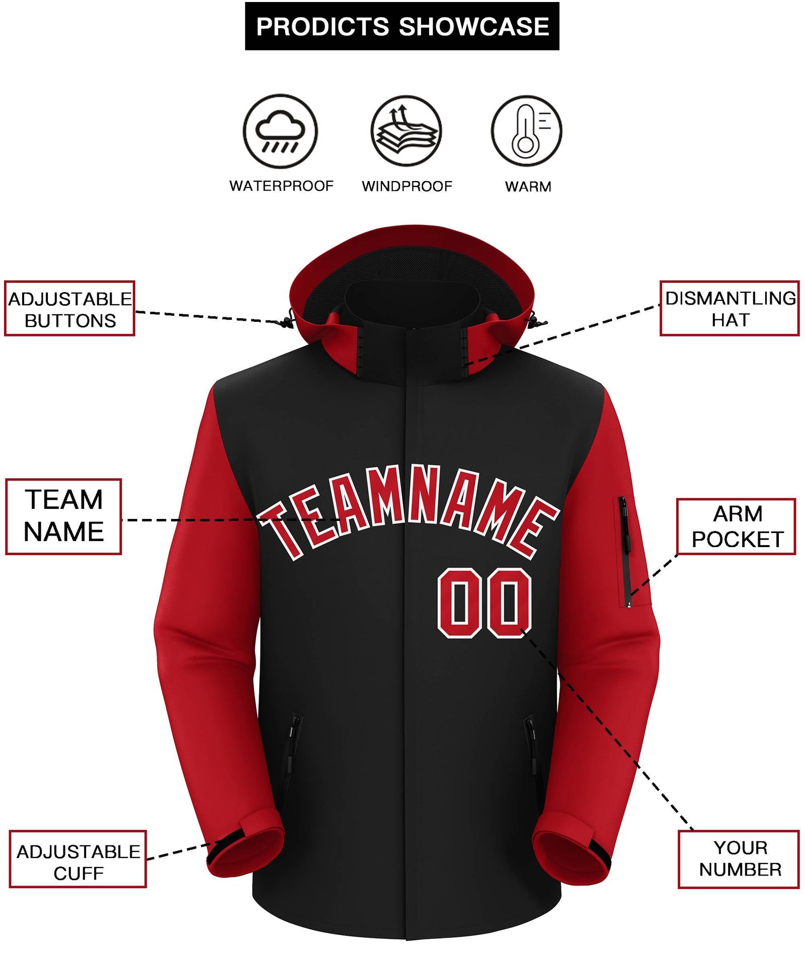 Custom Black Red-White Raglan Sleeves Waterproof Jacket
