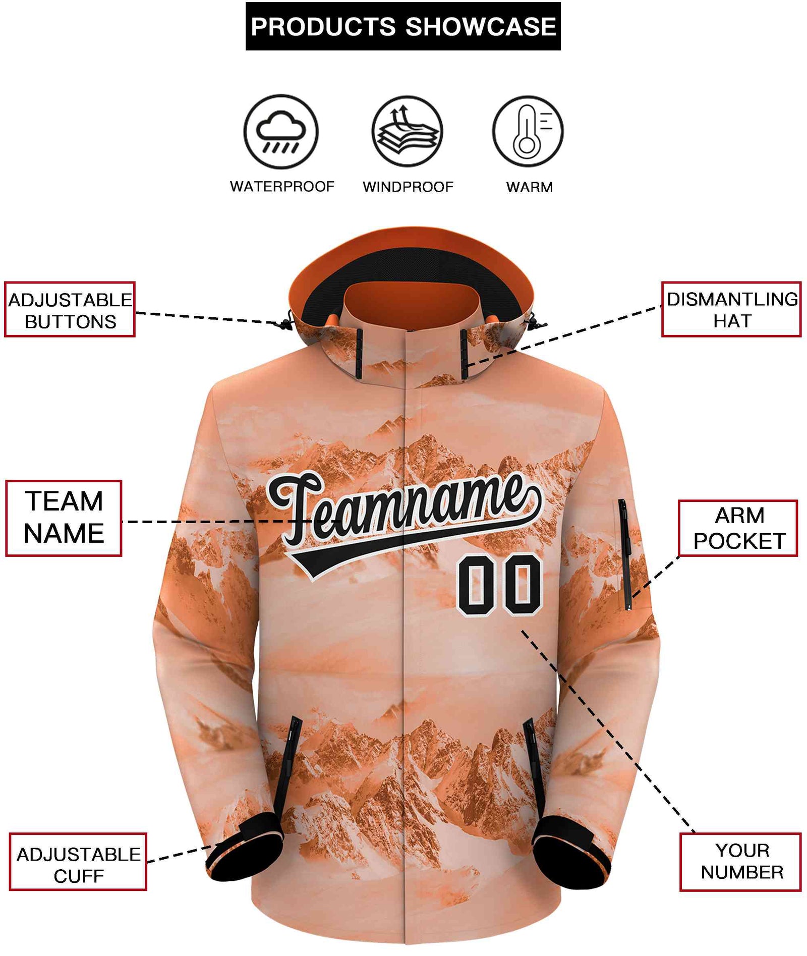 Custom Orange Black-White Graffiti Pattern Outdoor Personalized Waterproof Jacket for Climbing