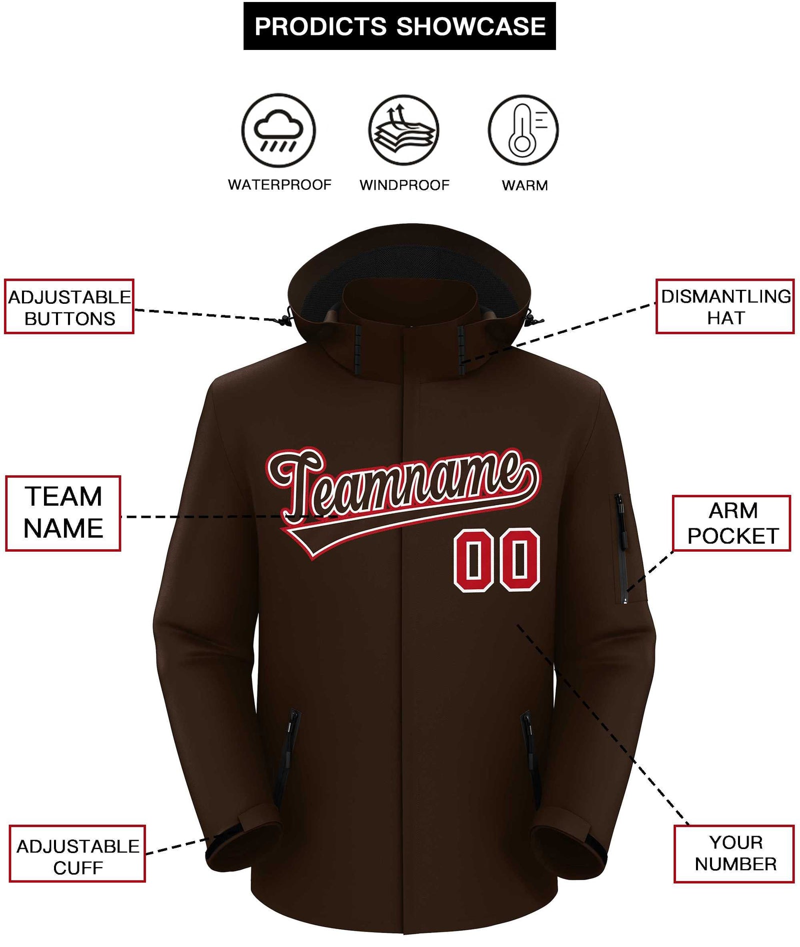 Custom Brown Brown-Red Classic Style Waterproof Jacket
