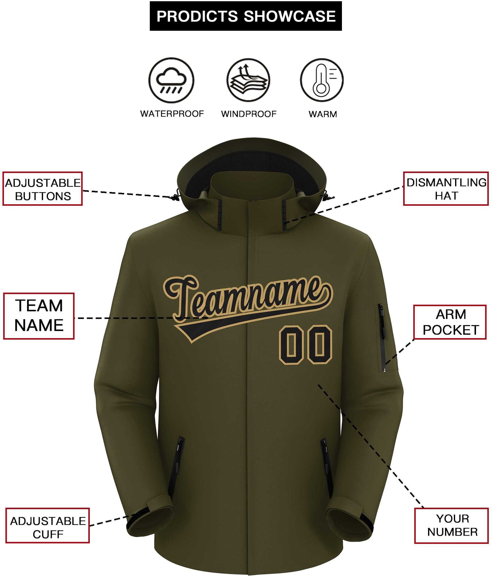 Custom Olive Black-Old Gold Classic Style Waterproof Jacket