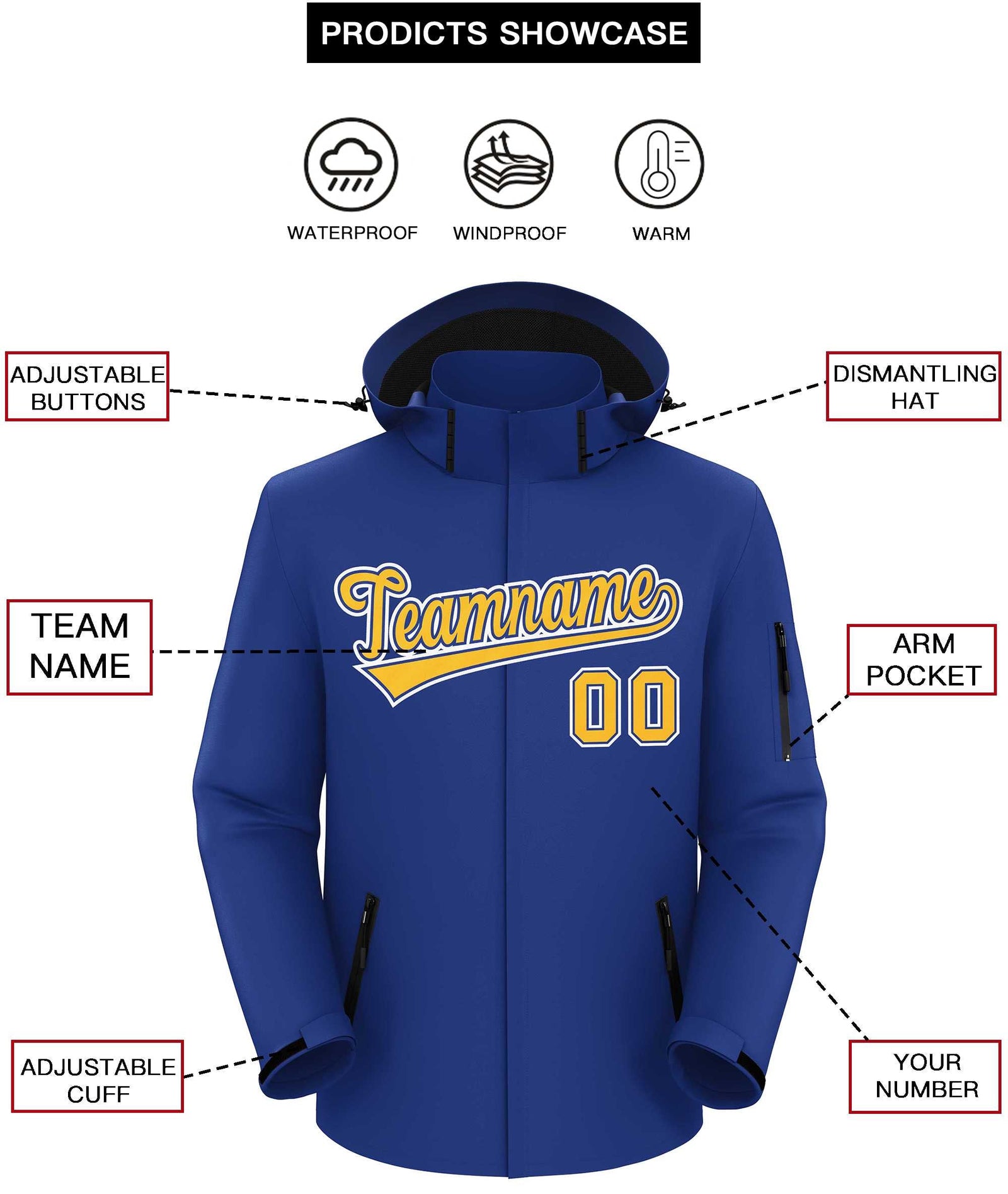 Custom Royal Gold-White Classic Style Waterproof Jacket
