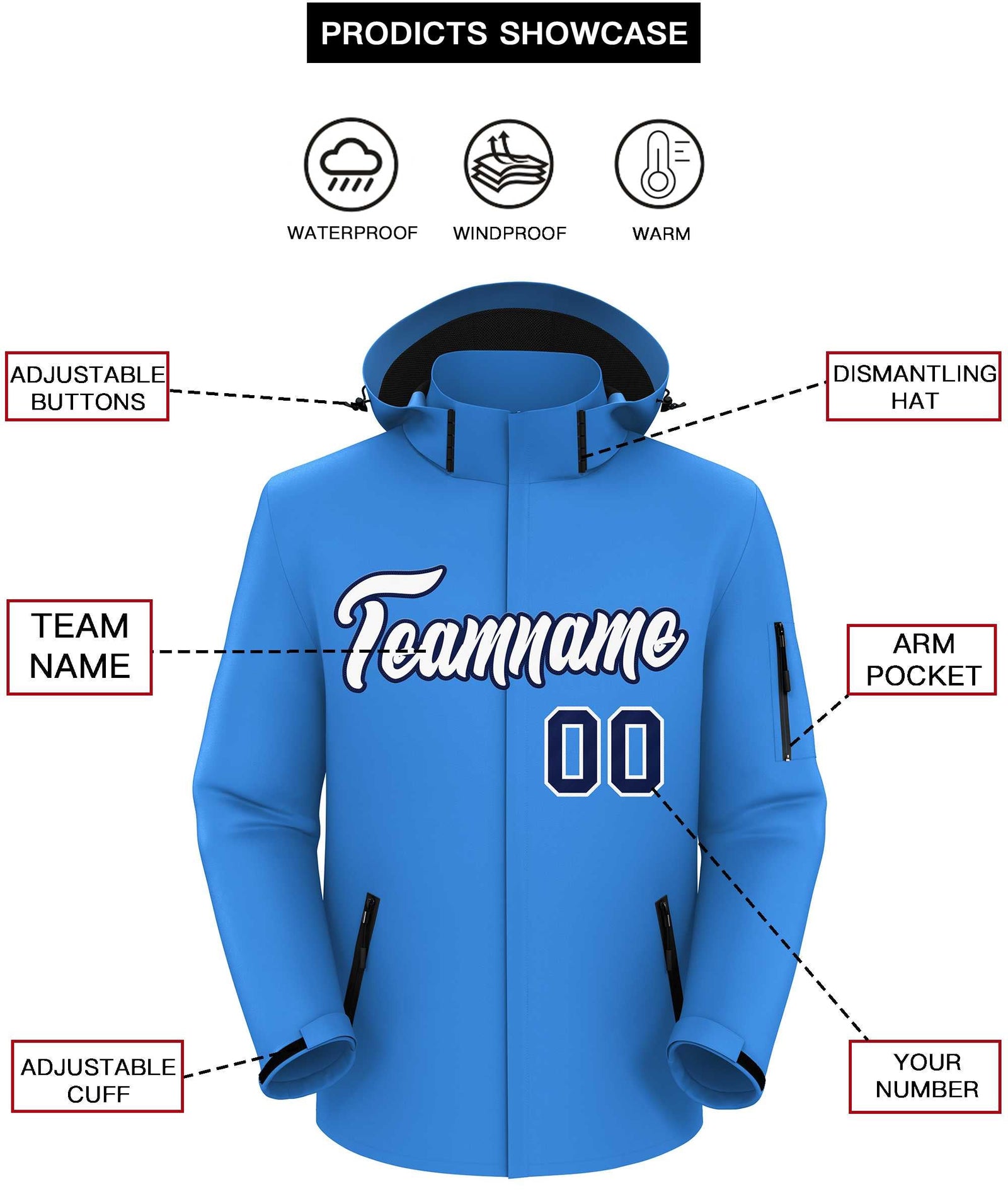 Custom Powder Blue White-Navy Classic Style Waterproof Jacket