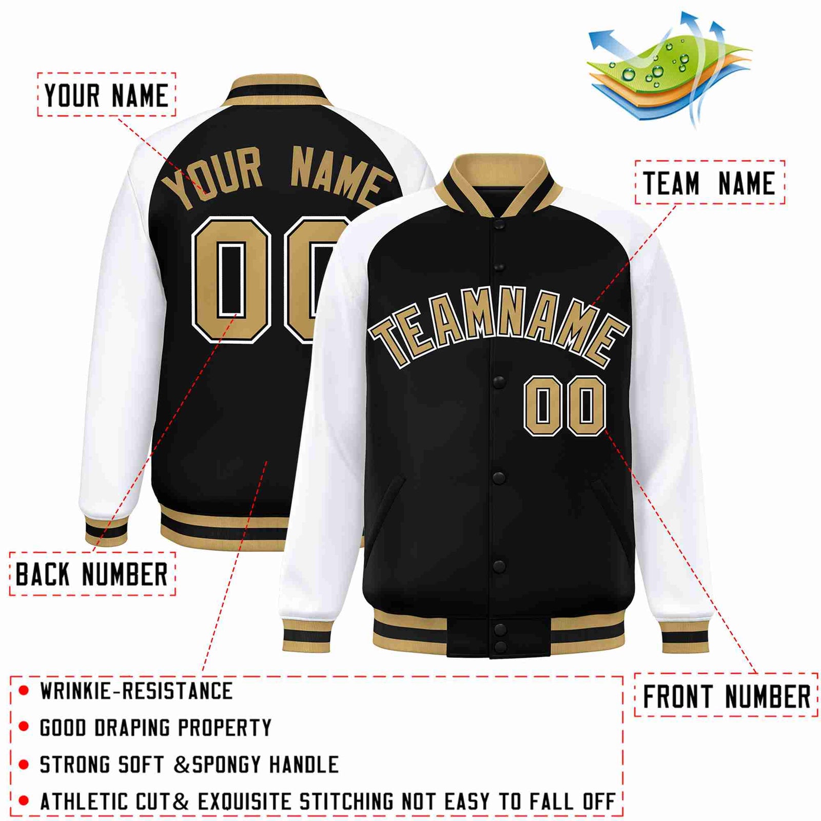 Custom Black Old Gold-Black Raglan Sleeves Varsity Full-Snap Letterman Jacket