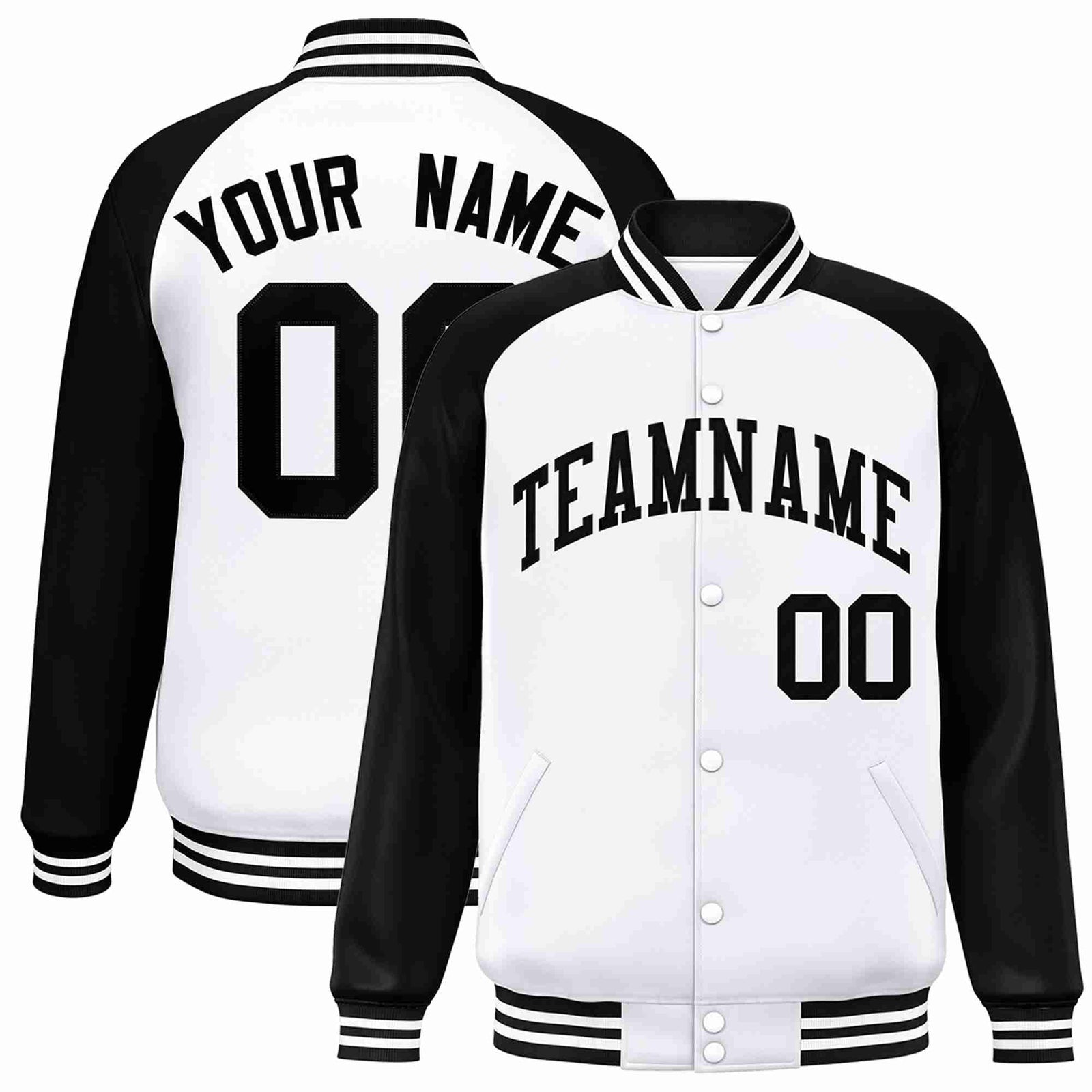 Custom White Black Raglan Sleeves Varsity Full-Snap Letterman Jacket