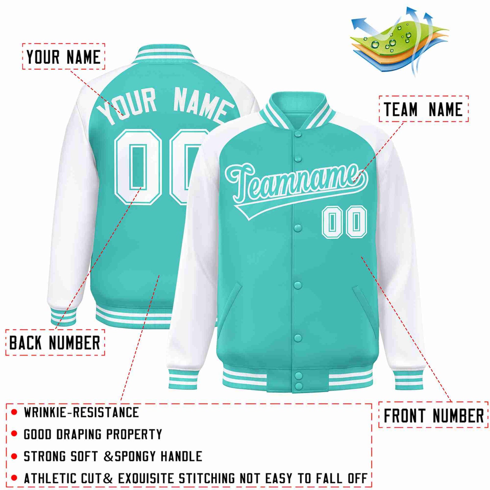 Custom Aqua White Raglan Sleeves Varsity Full-Snap Letterman Jacket