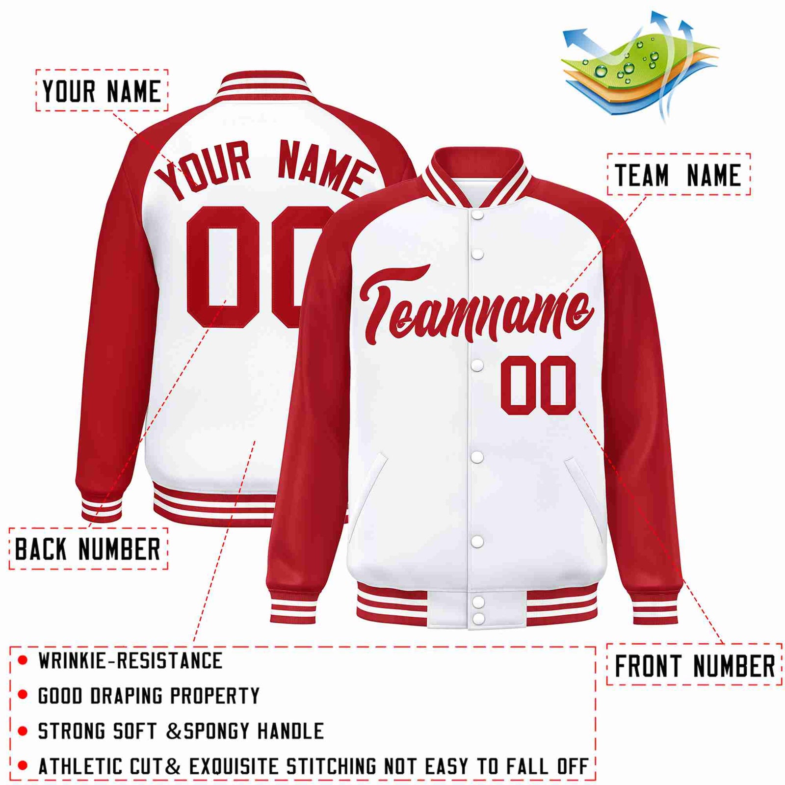 Custom White Red Raglan Sleeves Varsity Full-Snap Letterman Jacket