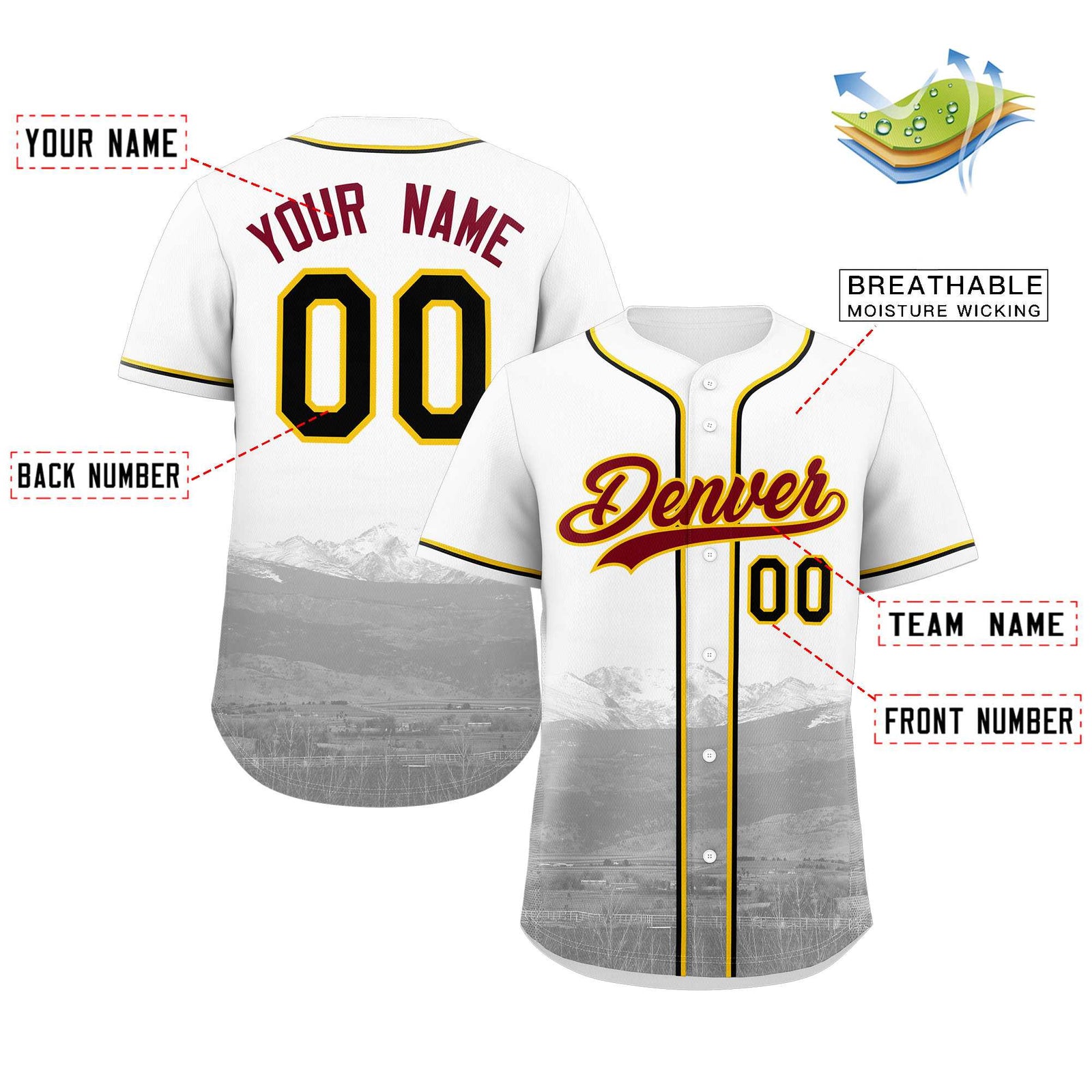 Custom White Crimson-Yellow Denver City Skyline Baseball Jersey