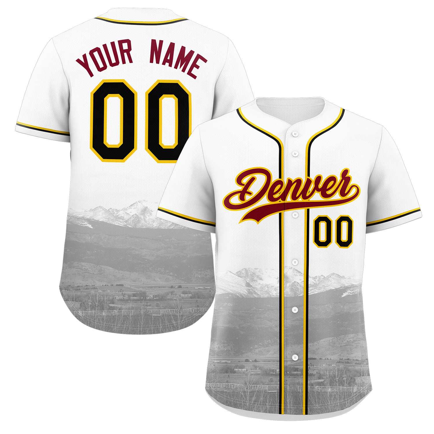 Custom White Crimson-Yellow Denver City Skyline Baseball Jersey