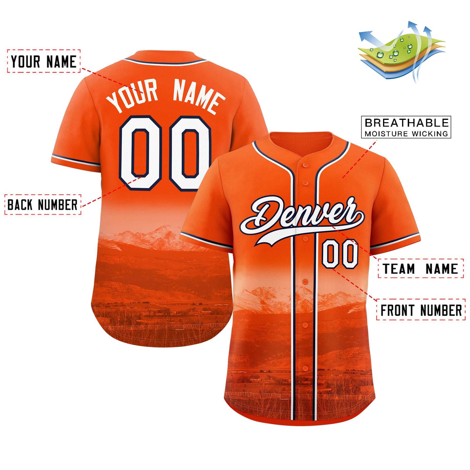Custom Orange White-Navy Denver City Skyline Baseball Jersey