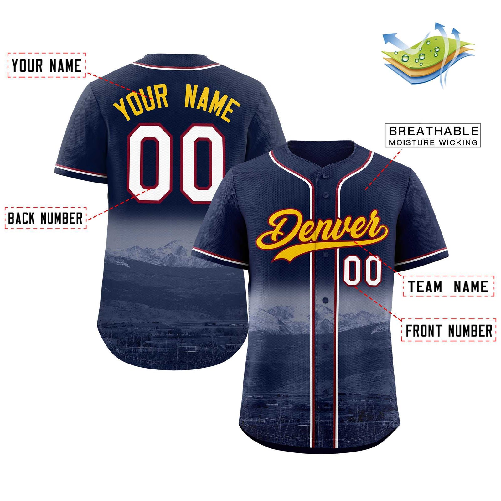 Custom Navy Yellow-Crimson Denver City Skyline Baseball Jersey
