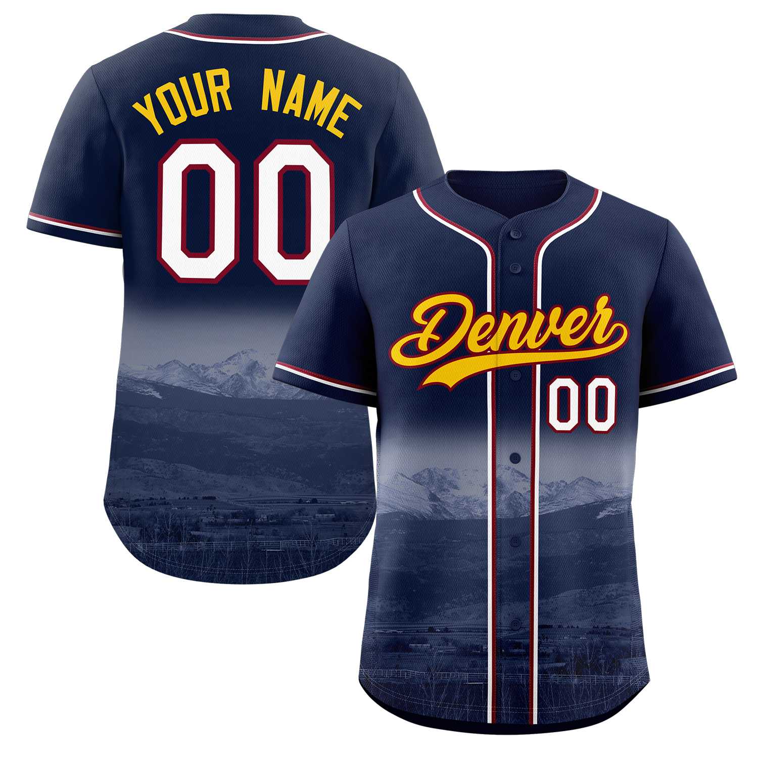 Custom Navy Yellow-Crimson Denver City Skyline Baseball Jersey