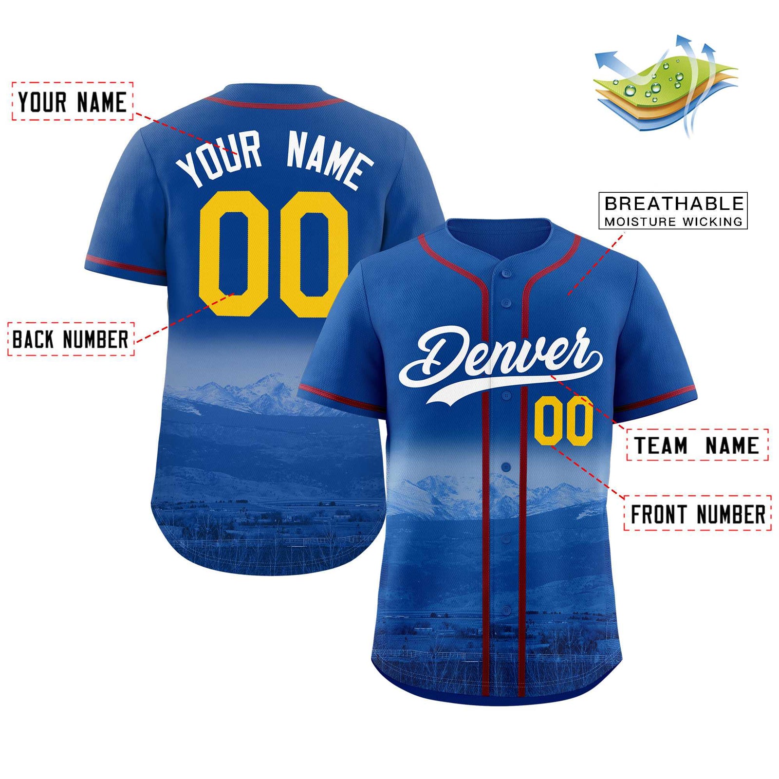 Custom Royal White-Royal Denver City Skyline Baseball Jersey