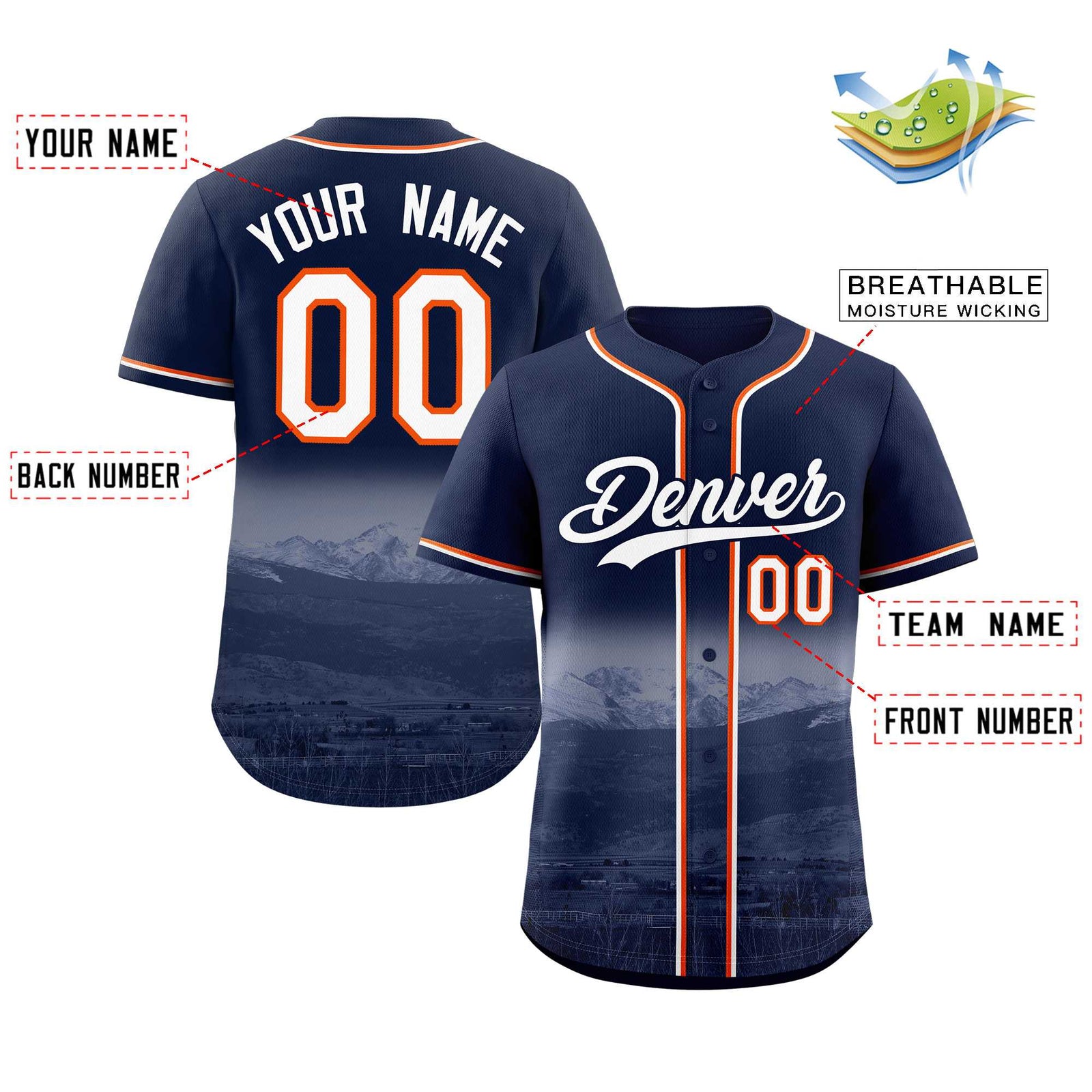 Custom Navy White-Navy Denver City Skyline Baseball Jersey