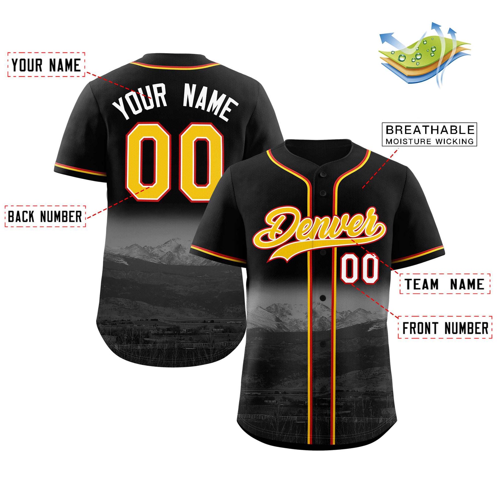 Custom Black Yellow-White Denver City Skyline Baseball Jersey