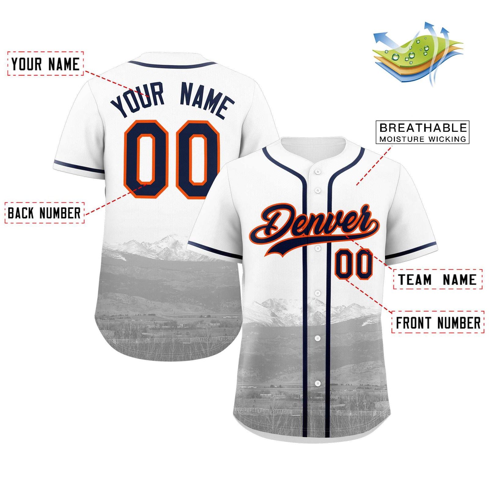 Custom White Navy-Orange Denver City Skyline Baseball Jersey