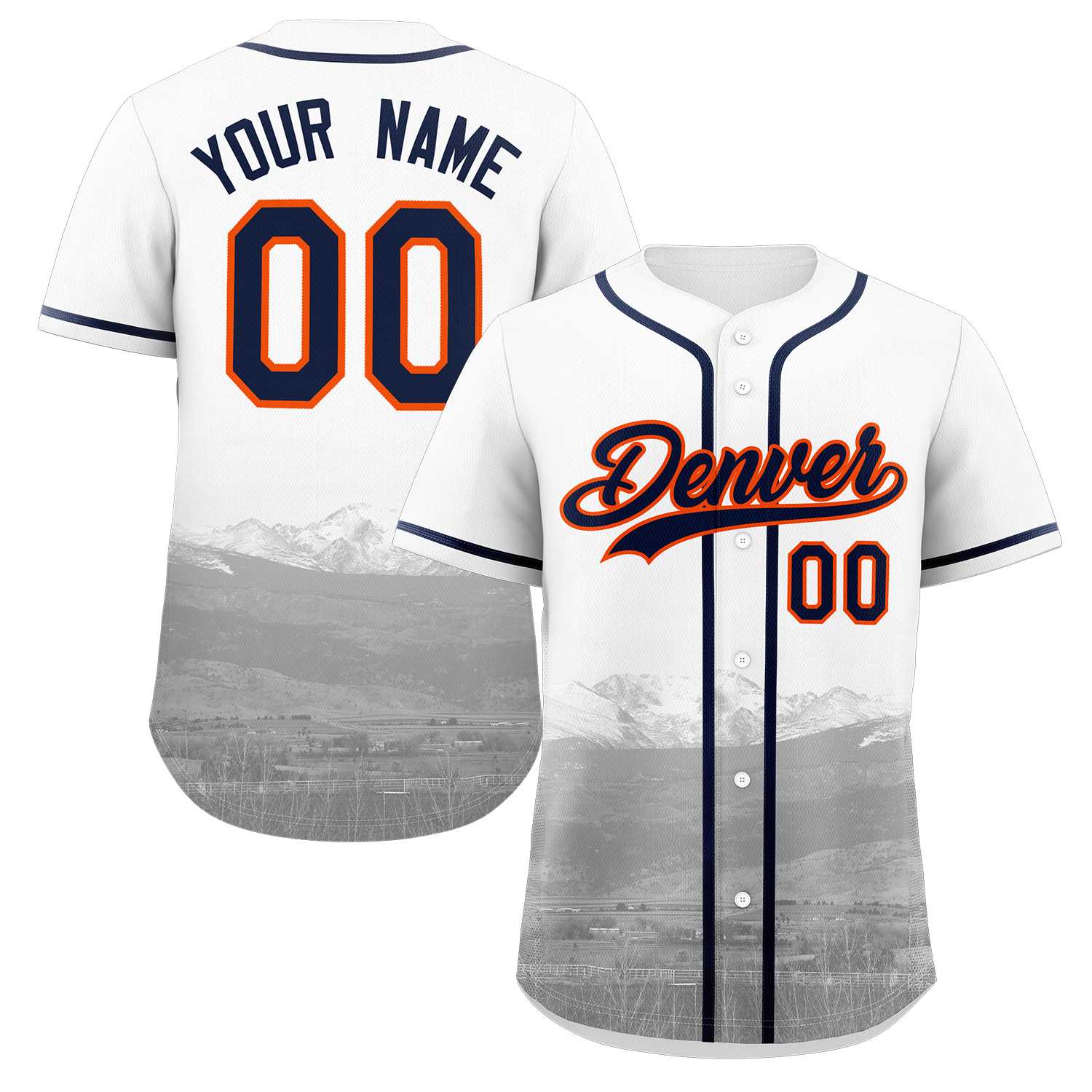 Custom White Navy-Orange Denver City Skyline Baseball Jersey