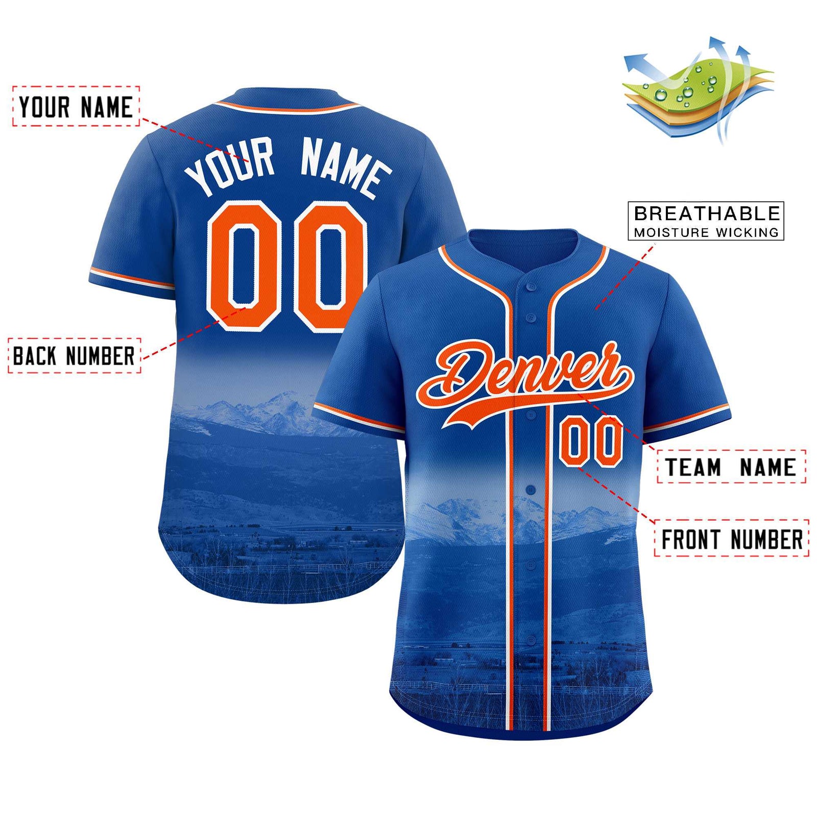 Custom Royal Orange-White Denver City Skyline Baseball Jersey