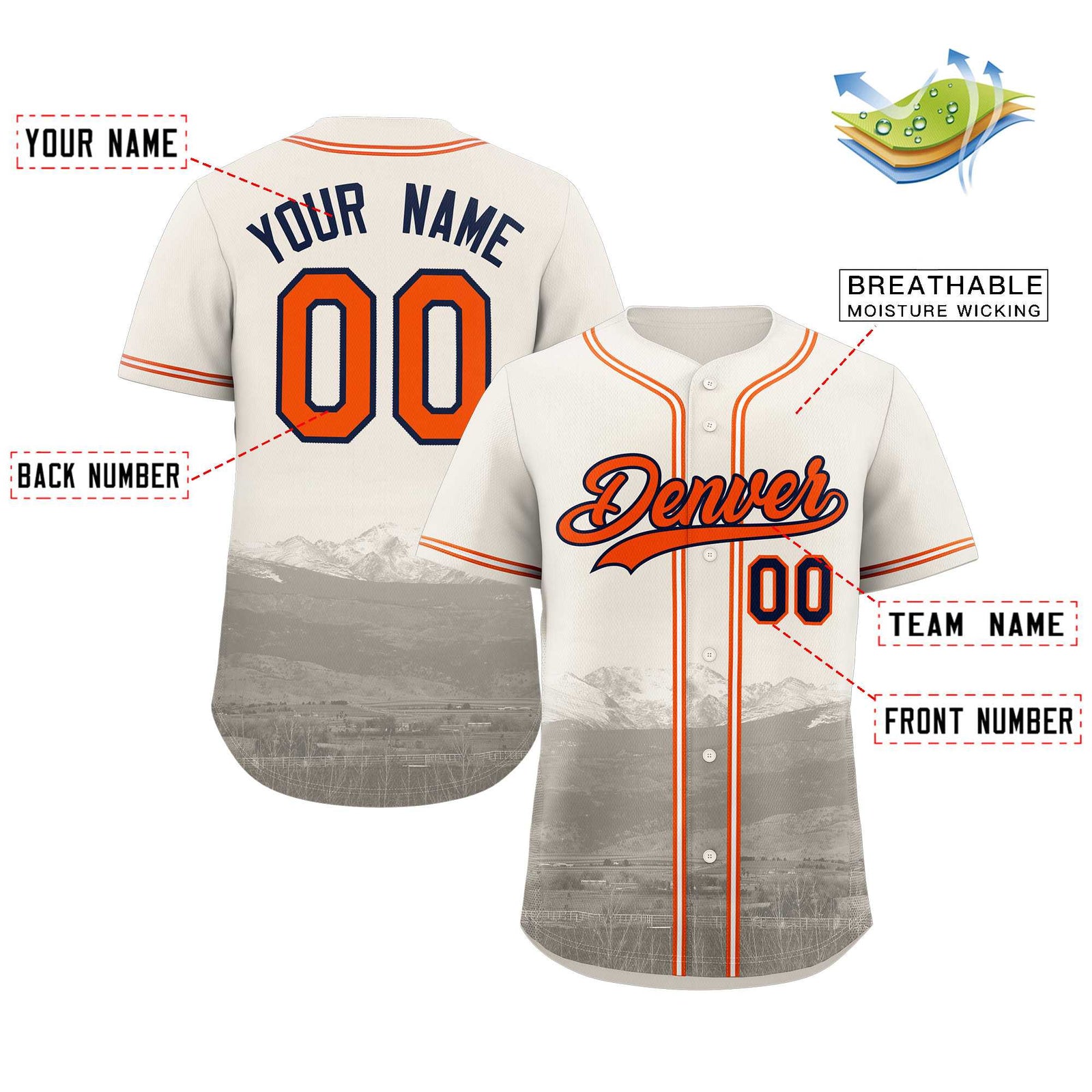 Custom Cream Orange-Navy Denver City Skyline Baseball Jersey