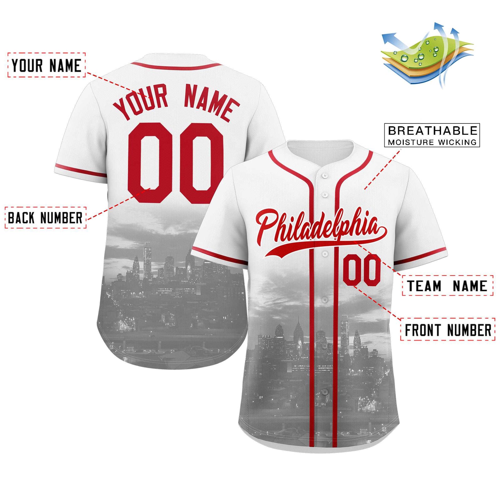 Custom White Red-White Philadelphia City Skyline Baseball Jersey