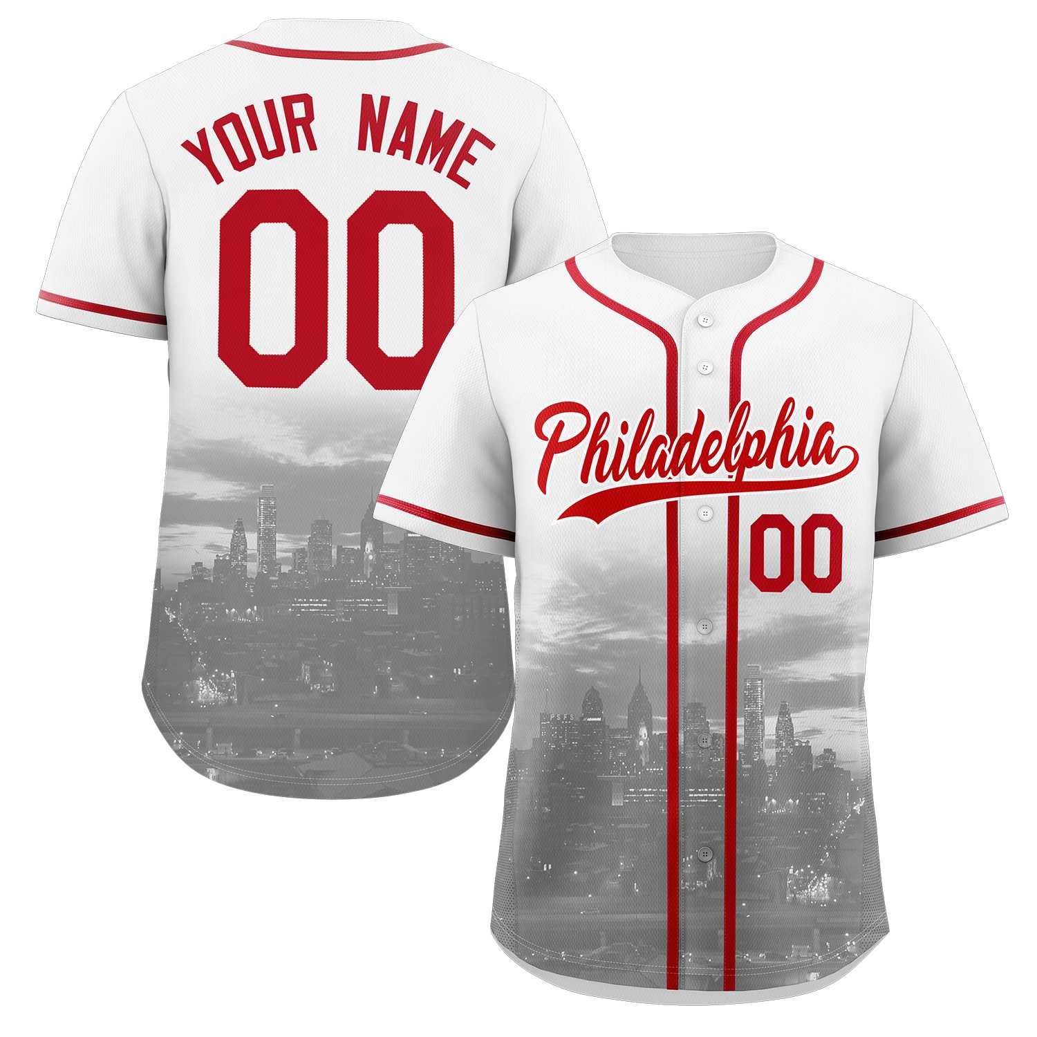 Custom White Red-White Philadelphia City Skyline Baseball Jersey