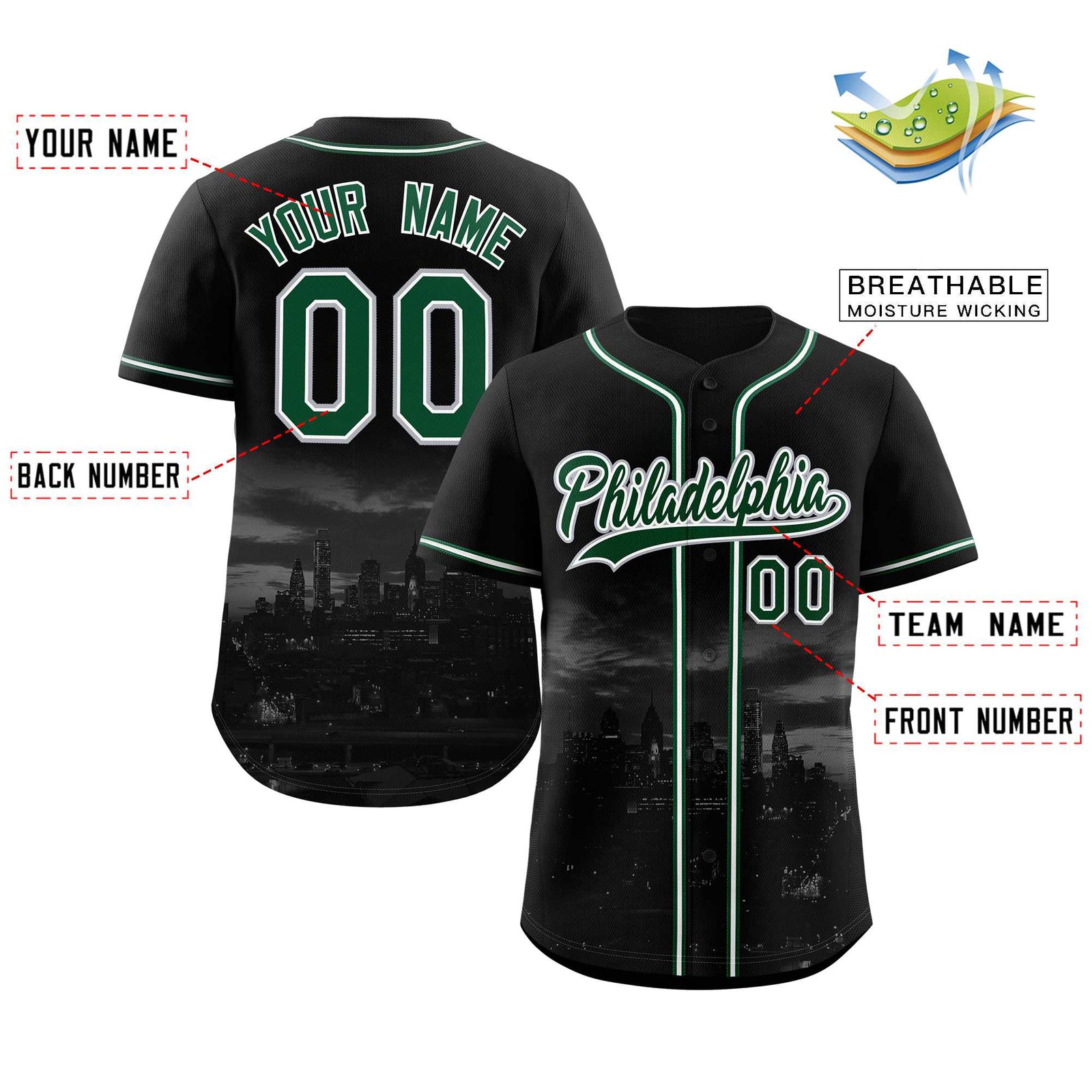 Custom Black Green-White Philadelphia City Skyline Baseball Jersey