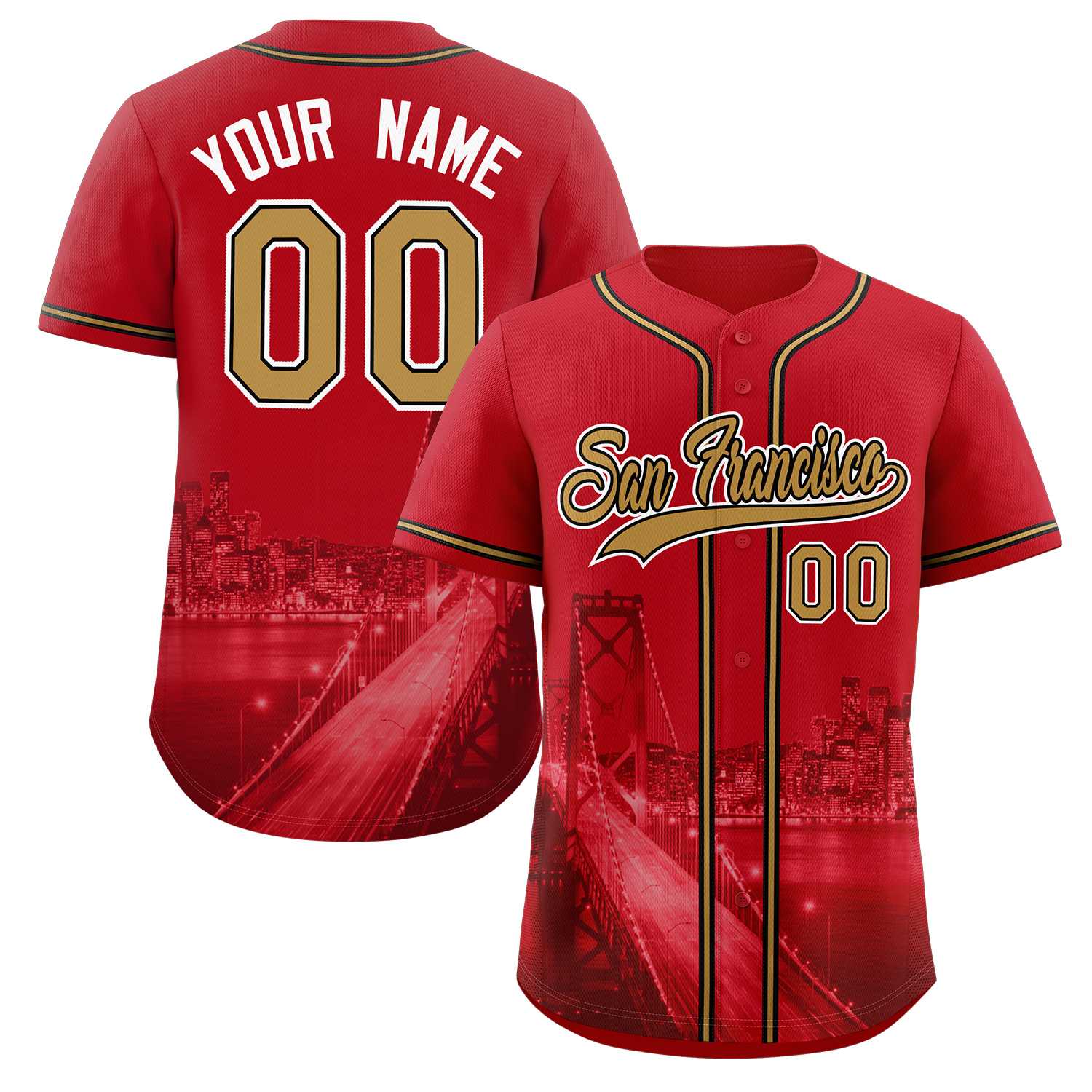 Custom Red Old Gold-Black San Francisco City Skyline Baseball Jersey
