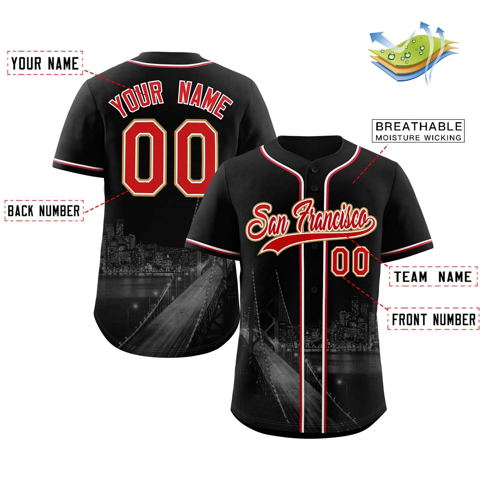 Custom Black Red-White San Francisco City Skyline Baseball Jersey