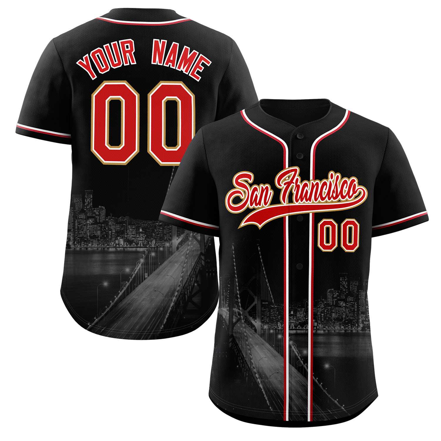 Custom Black Red-White San Francisco City Skyline Baseball Jersey