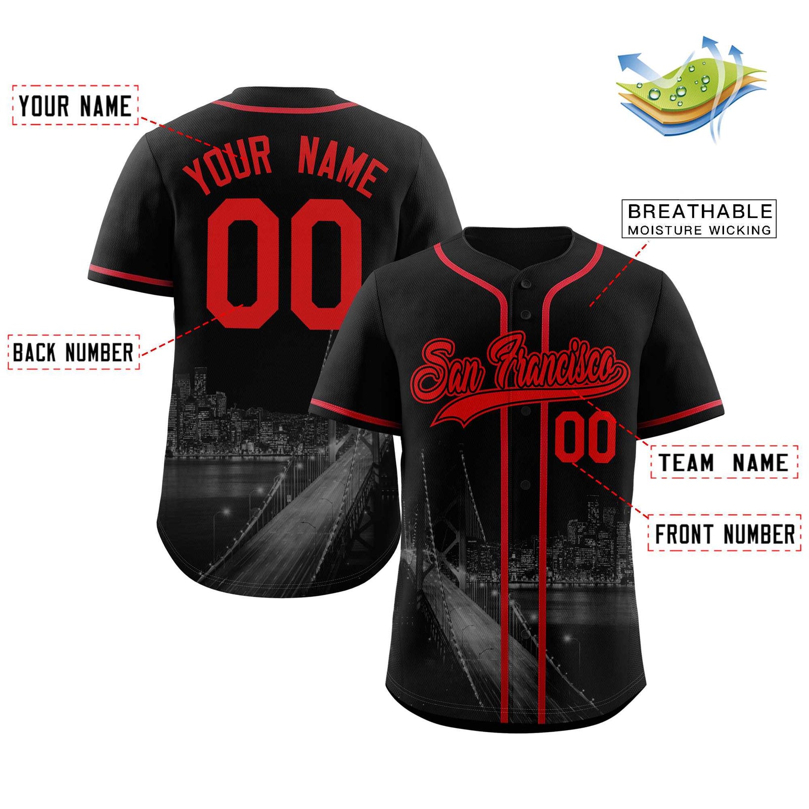 Custom Black Red-Black San Francisco City Skyline Baseball Jersey