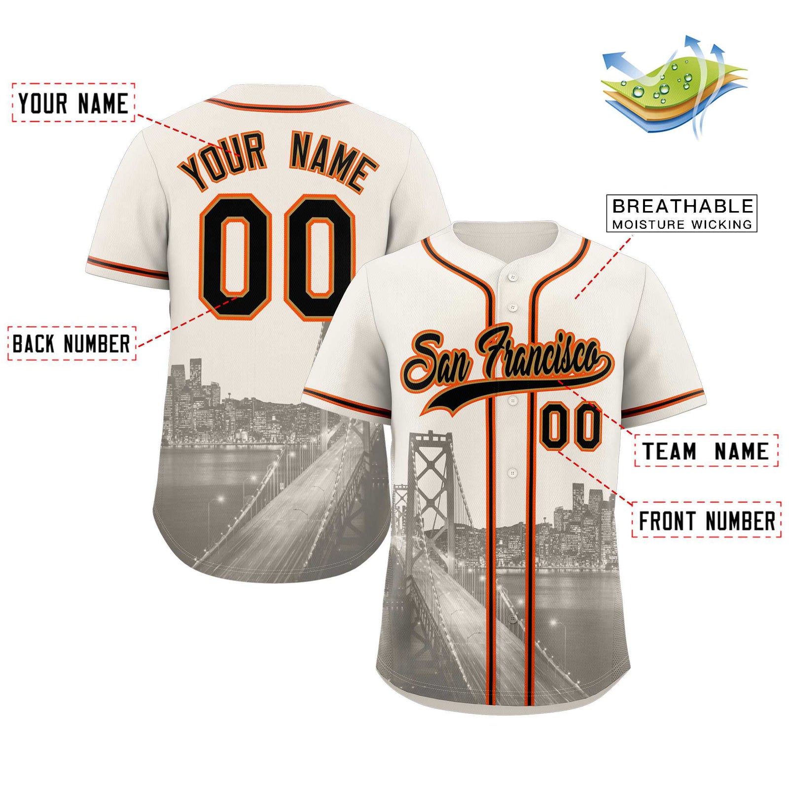 Custom Cream Black-Old Gold San Francisco City Skyline Baseball Jersey