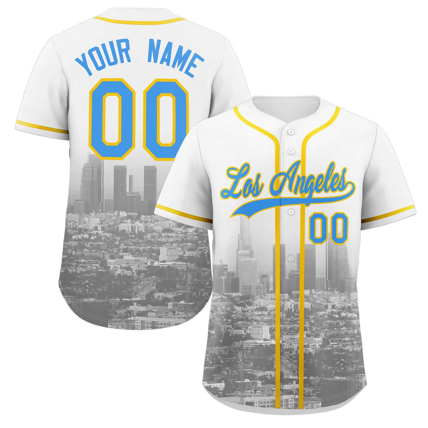 Custom White Powder Blue-Yellow Los Angeles City Skyline Baseball Jersey
