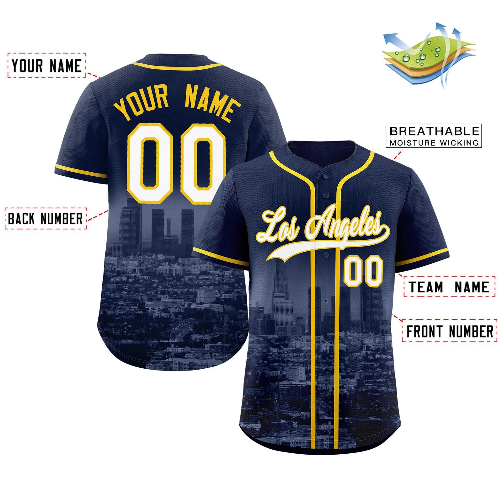 Custom Navy White-Yellow Los Angeles City Skyline Baseball Jersey