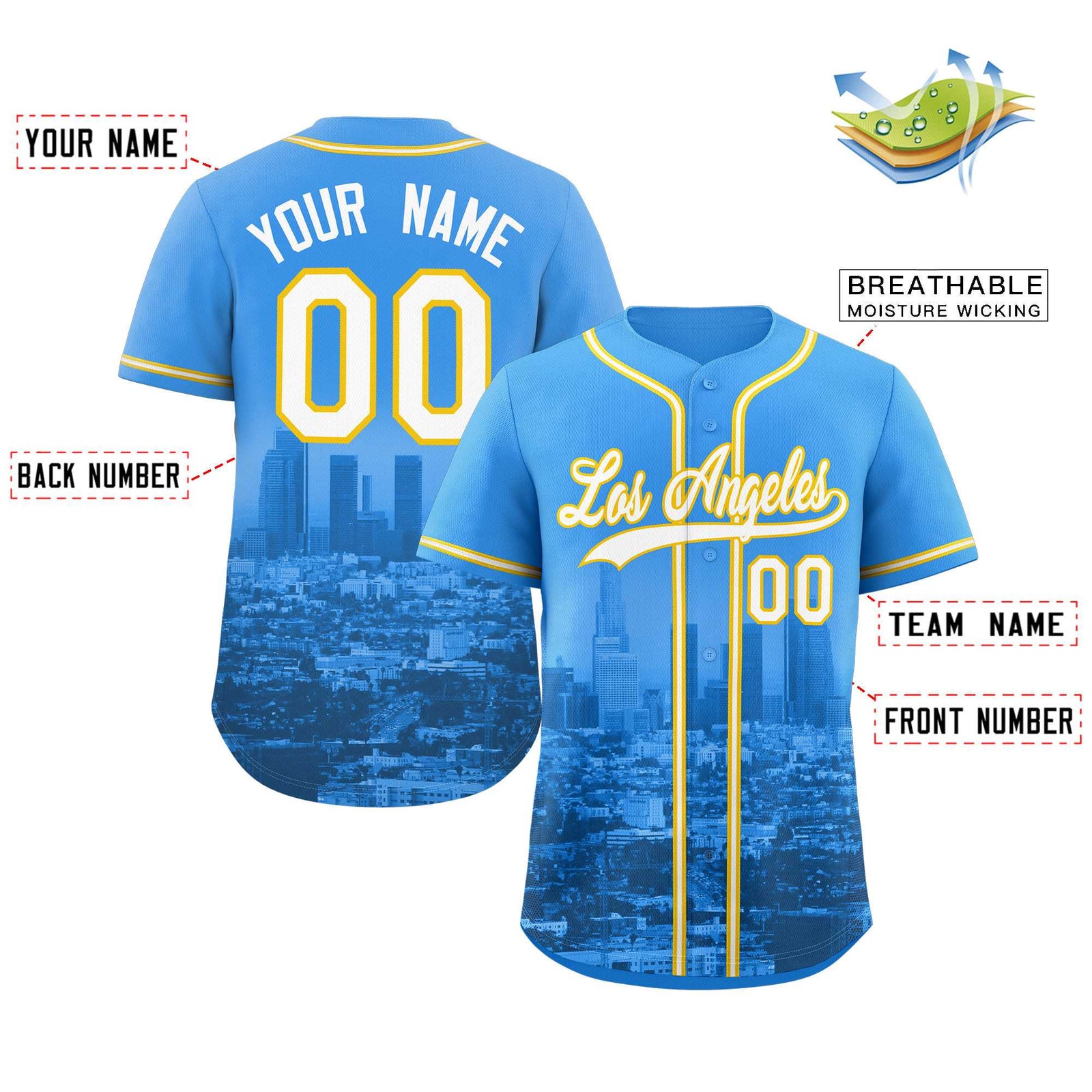 Custom Powder Blue White-Yellow Los Angeles City Skyline Baseball Jersey