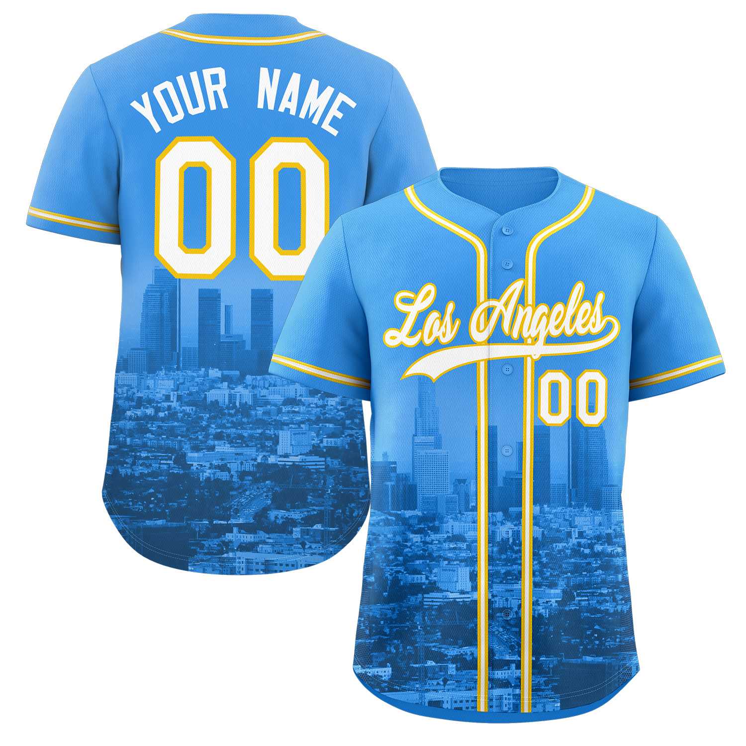 Custom Powder Blue White-Yellow Los Angeles City Skyline Baseball Jersey