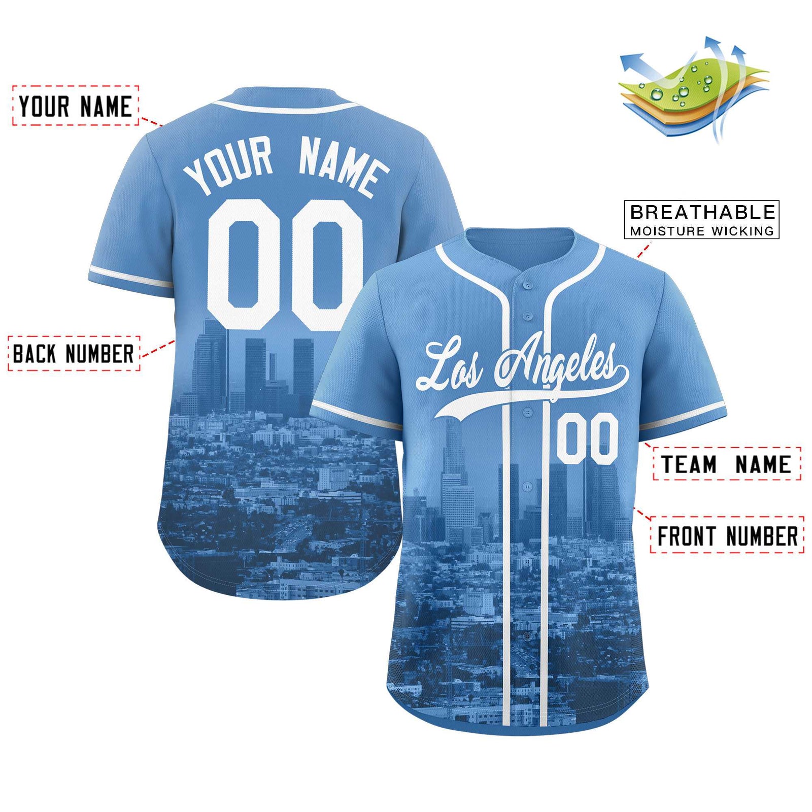 Custom Powder Blue White-Powder Blue Los Angeles City Skyline Baseball Jersey