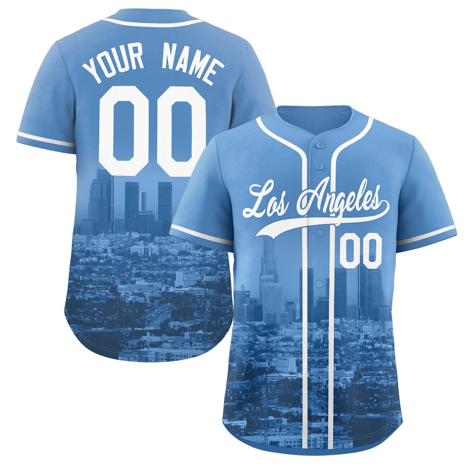 Custom Powder Blue White-Powder Blue Los Angeles City Skyline Baseball Jersey