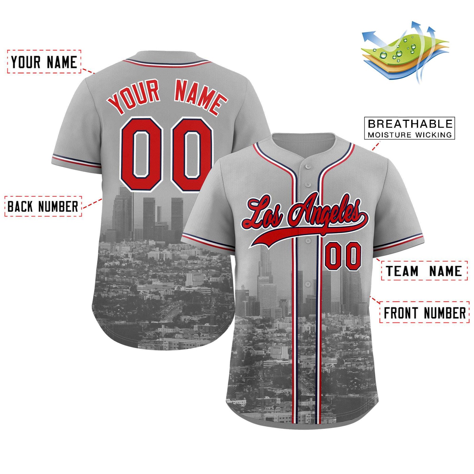 Custom Gray Red-Navy Los Angeles City Skyline Baseball Jersey