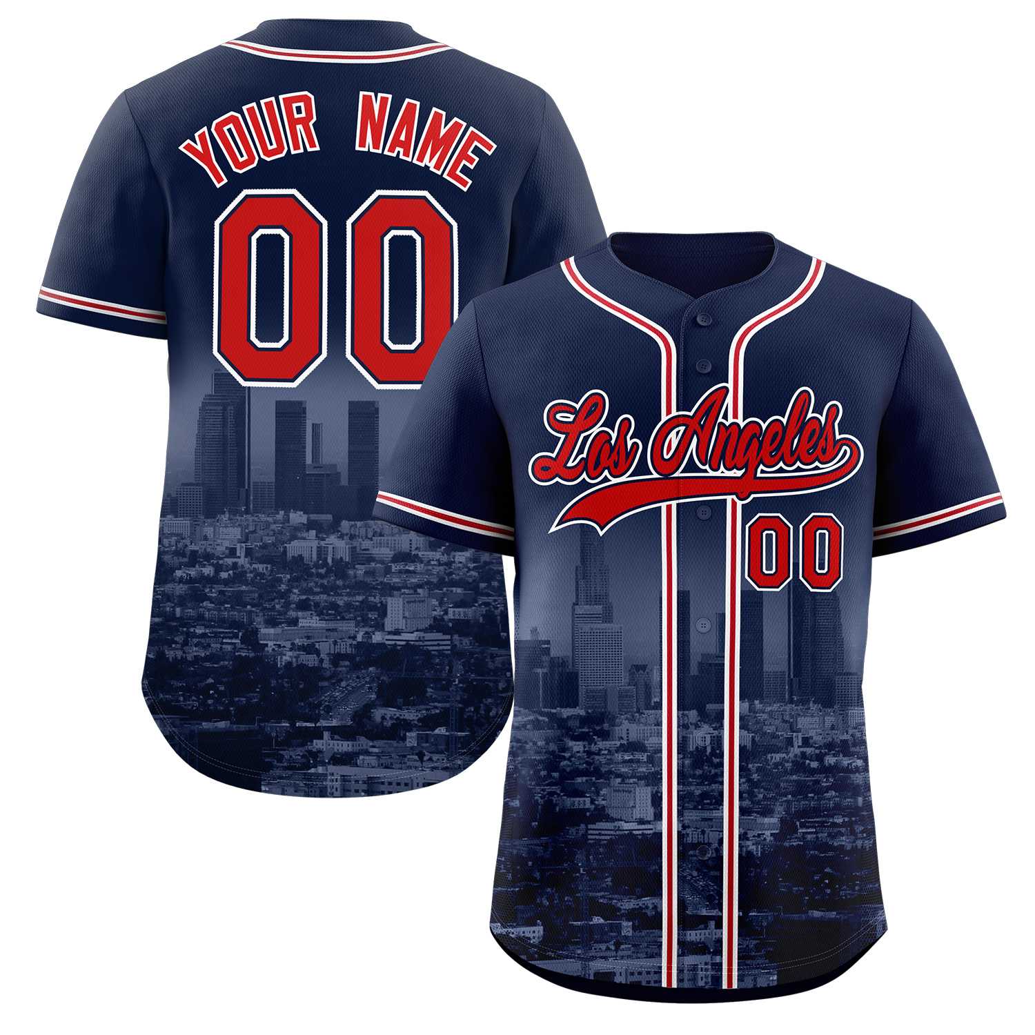 Custom Navy Red-Navy Los Angeles City Skyline Baseball Jersey