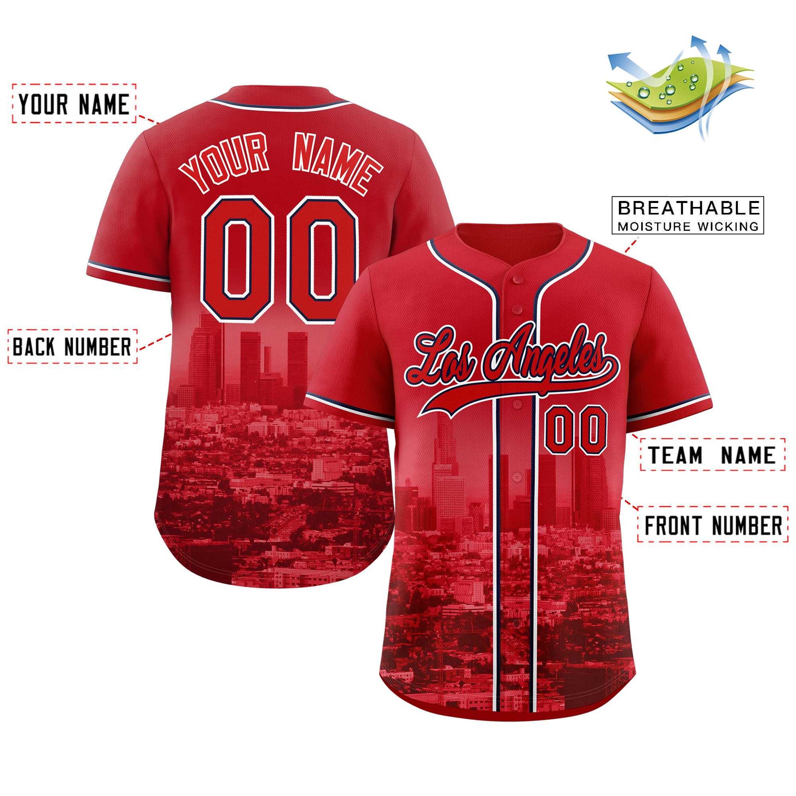 Custom Red Red-Navy Los Angeles City Skyline Baseball Jersey