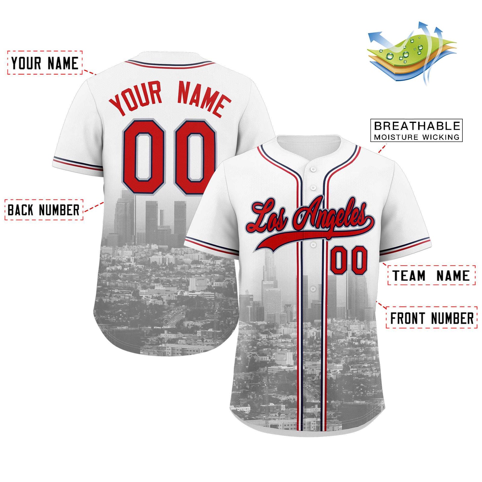Custom White Red-Navy Los Angeles City Skyline Baseball Jersey