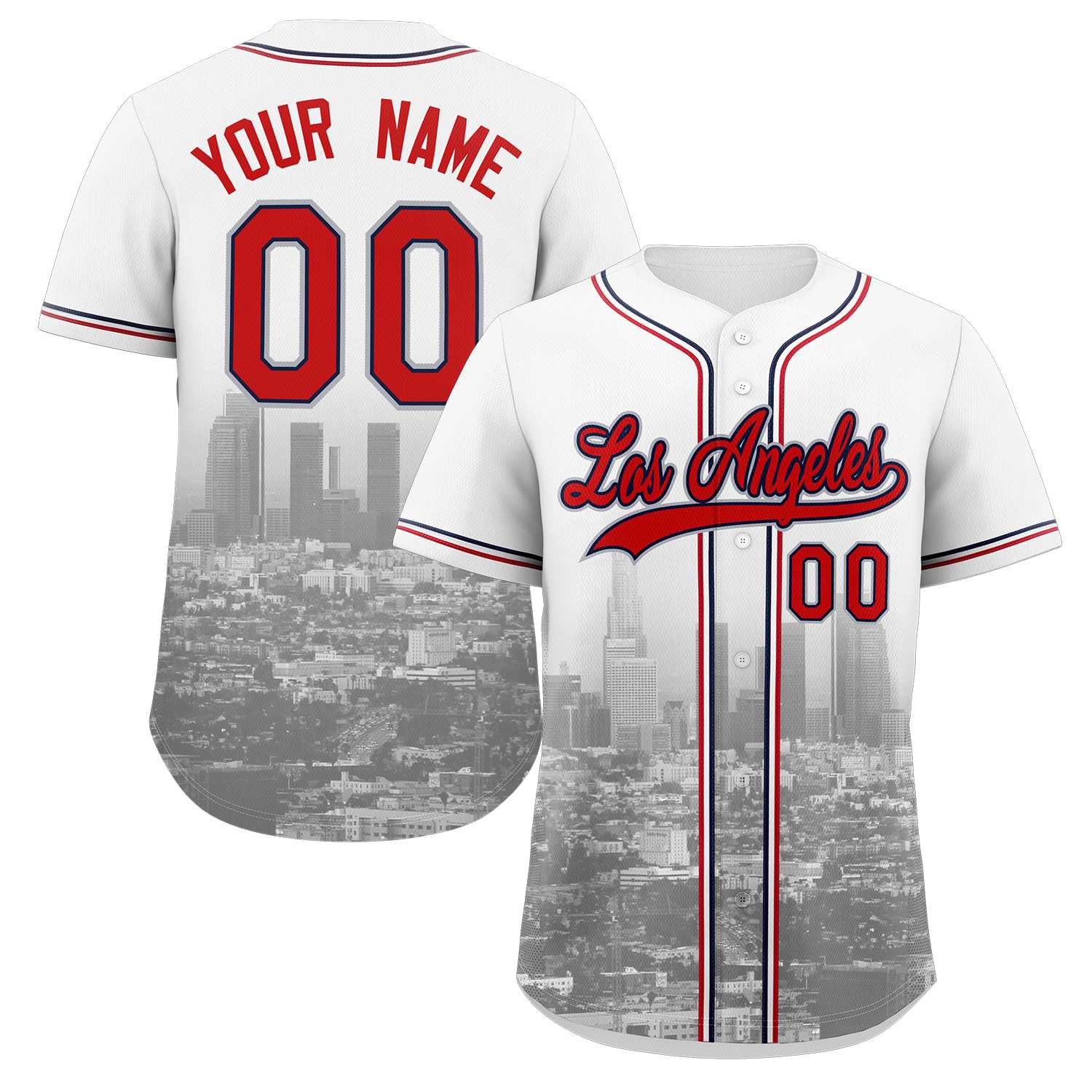 Custom White Red-Navy Los Angeles City Skyline Baseball Jersey