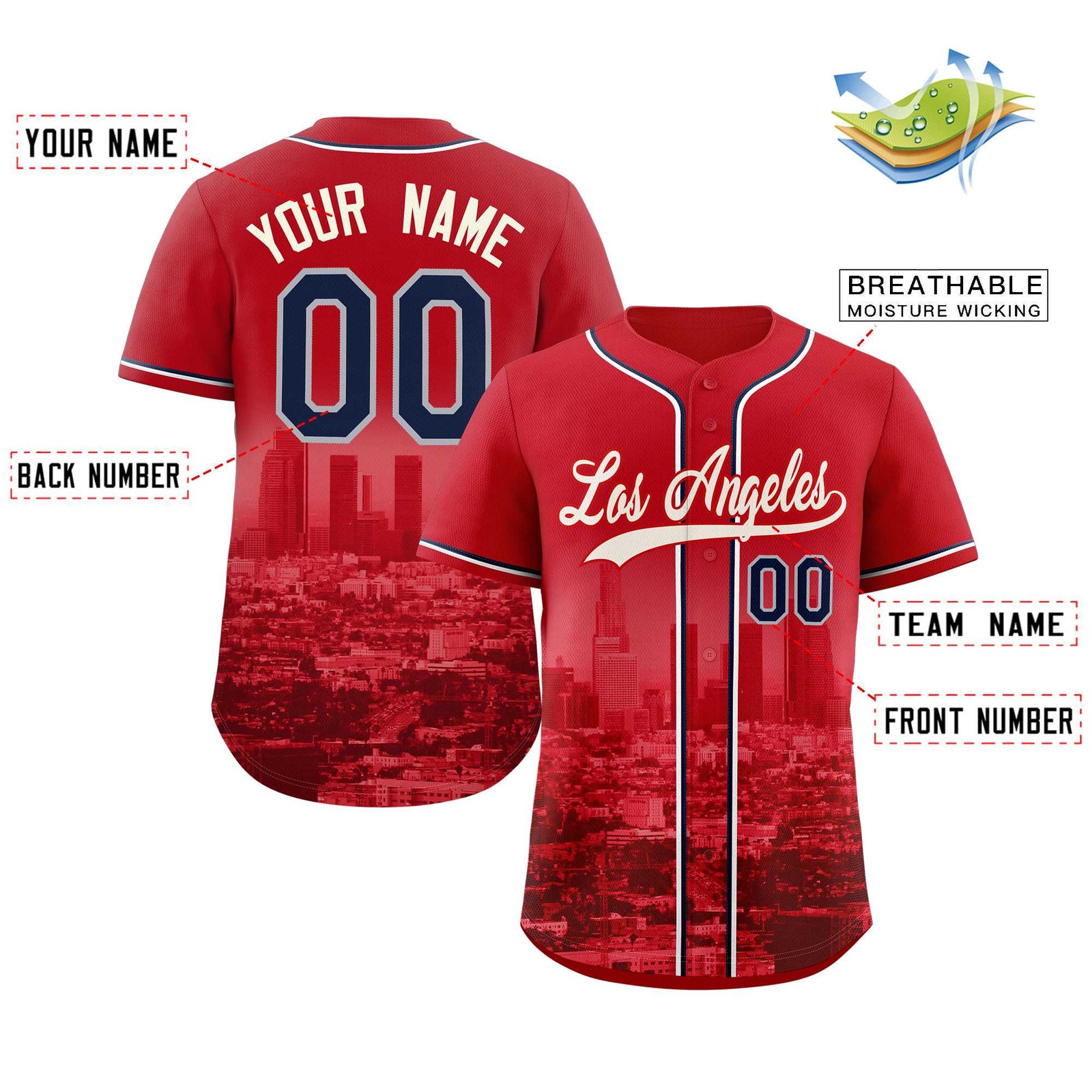 Custom Red Khaki-Red Los Angeles City Skyline Baseball Jersey