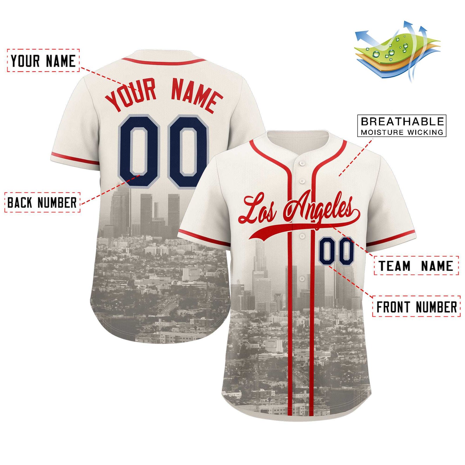 Custom Cream Red-Khaki Los Angeles City Skyline Baseball Jersey