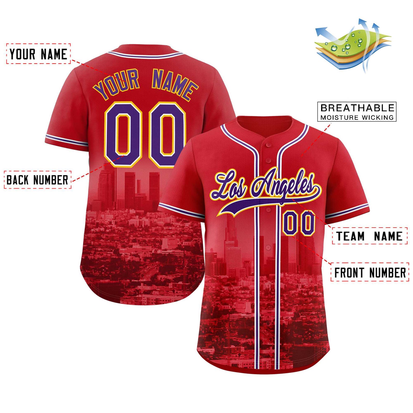Custom Red Purple-White Los Angeles City Skyline Baseball Jersey
