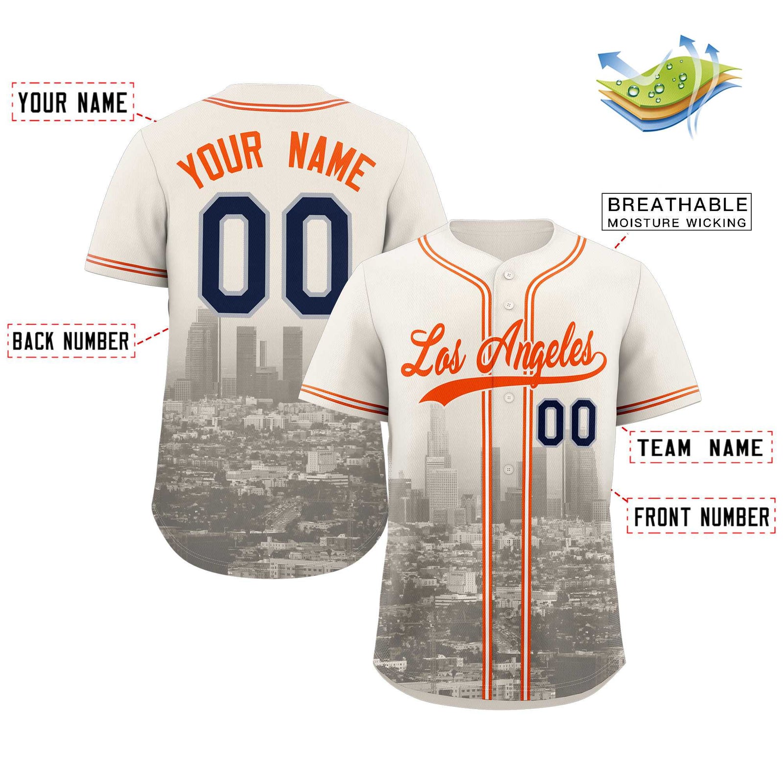 Custom Cream Orange-Khaki Los Angeles City Skyline Baseball Jersey